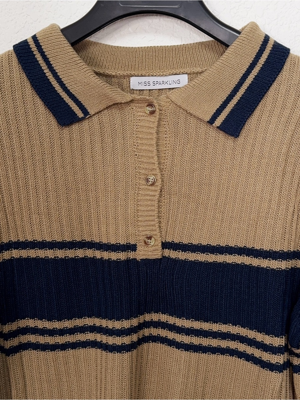 Miss Sparkling Camel Navy Striped Polo Collar Knit Sweater - Picture 3 of 6